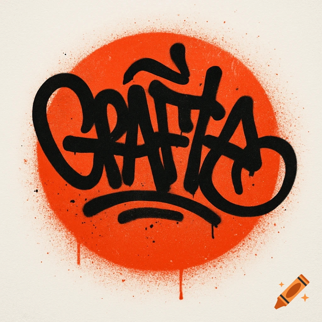 Black graffiti tag 'GRAFFITA' on an orange spray-painted circle against a white background.