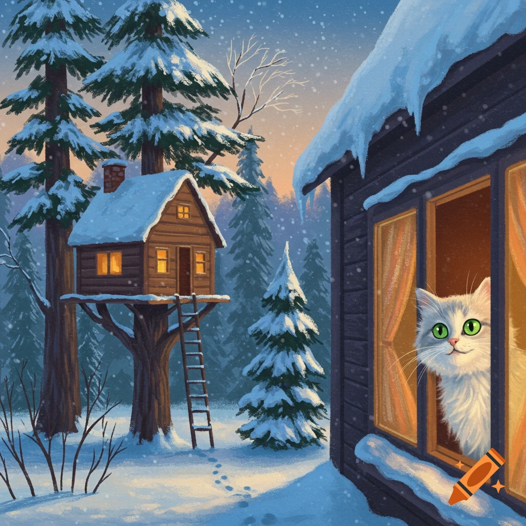 A white cat is looking out a window at a snowy winter scene with a tree house.