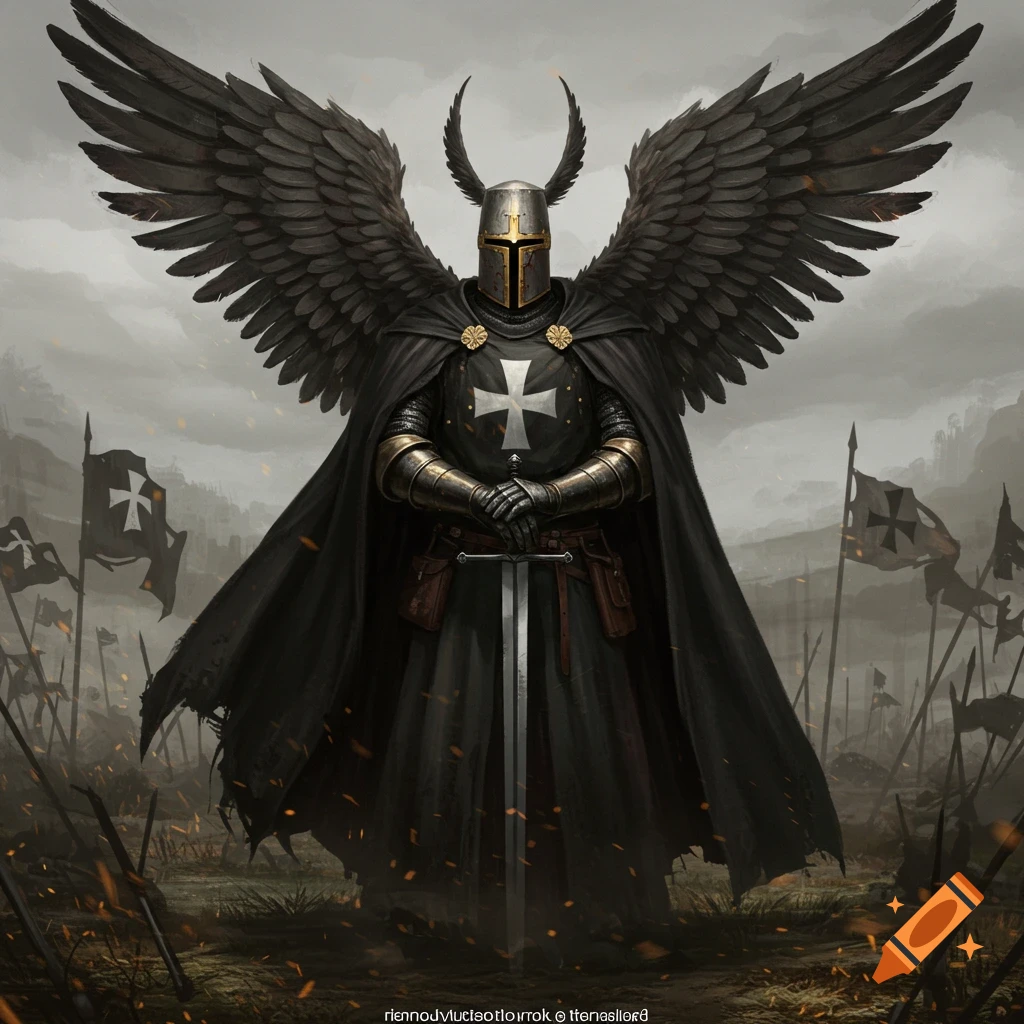 A winged knight in black armor stands in a battlefield.