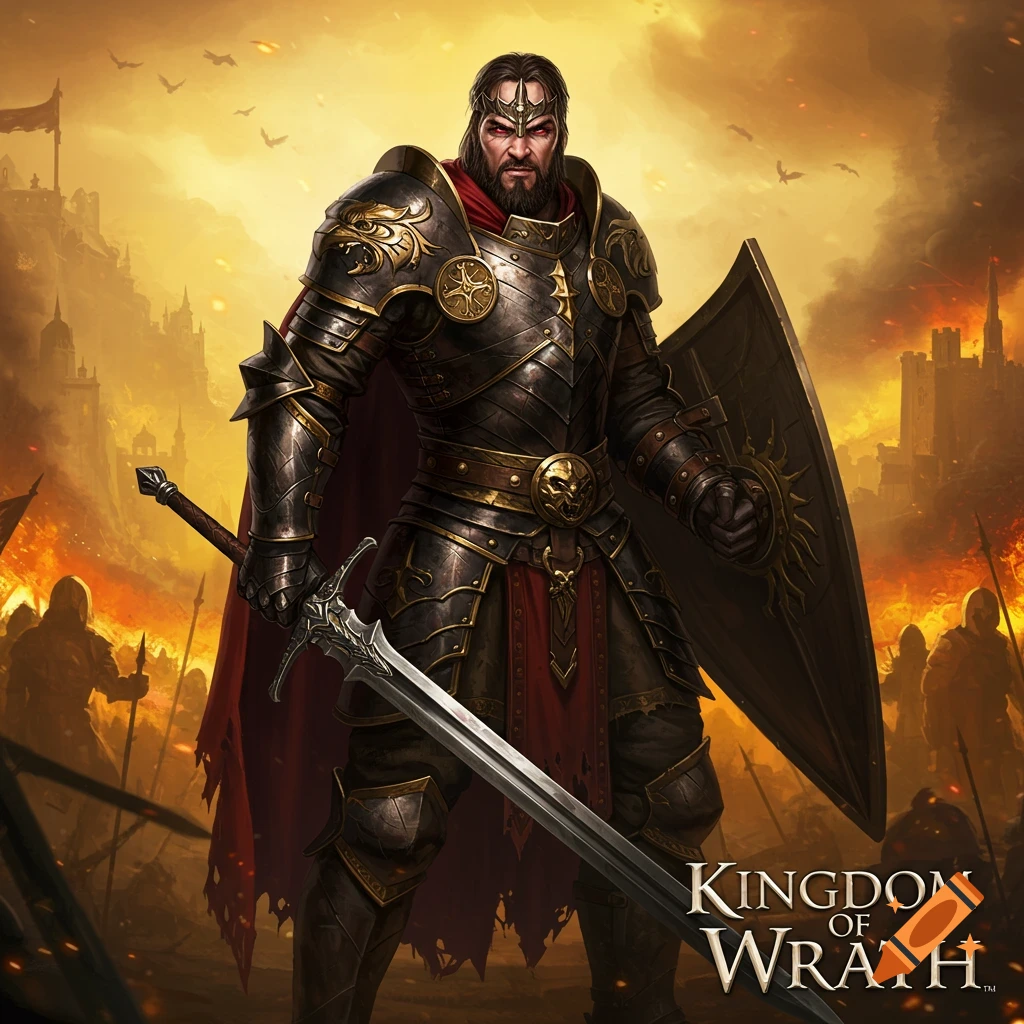 Fantasy warrior in armor with sword and shield before burning castle, 'Kingdom of Wrath' title.