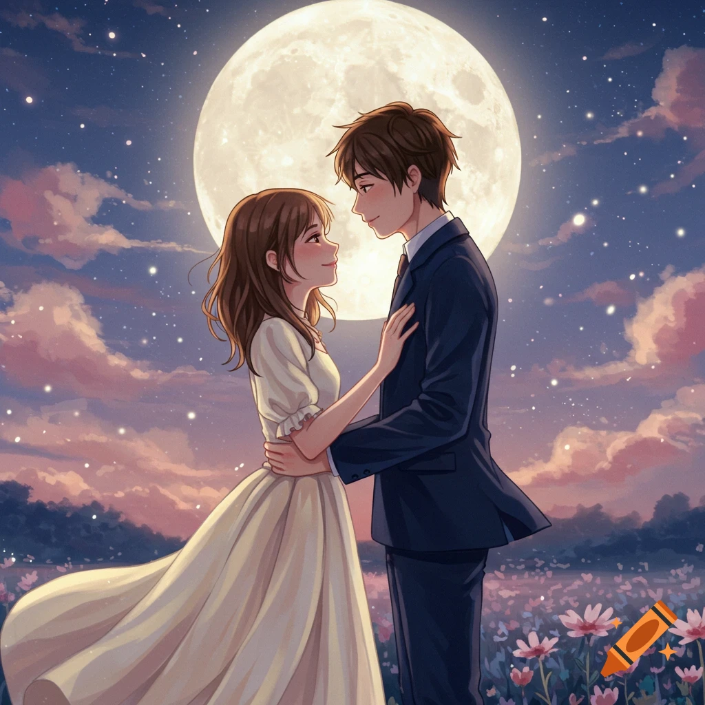 Anime illustration of a romantic couple embracing under a giant full moon in a field of flowers.