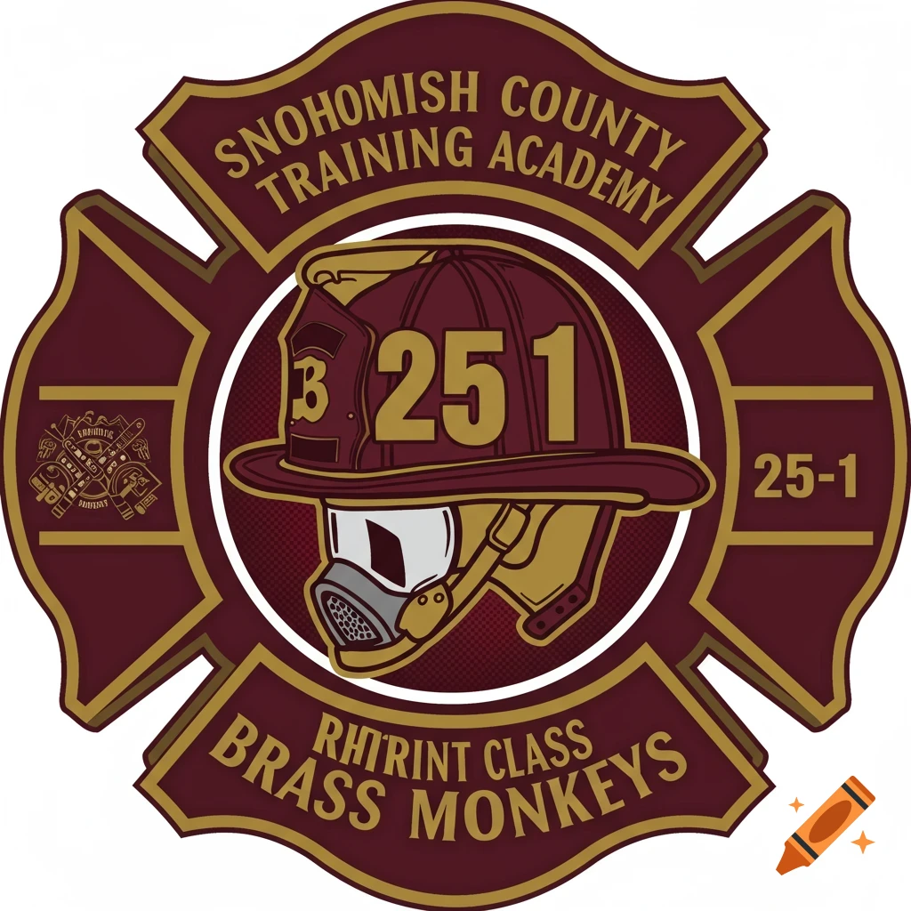 Logo for Snohomish County Training Academy recruit class 25-1, featuring a firefighter helmet and shield.