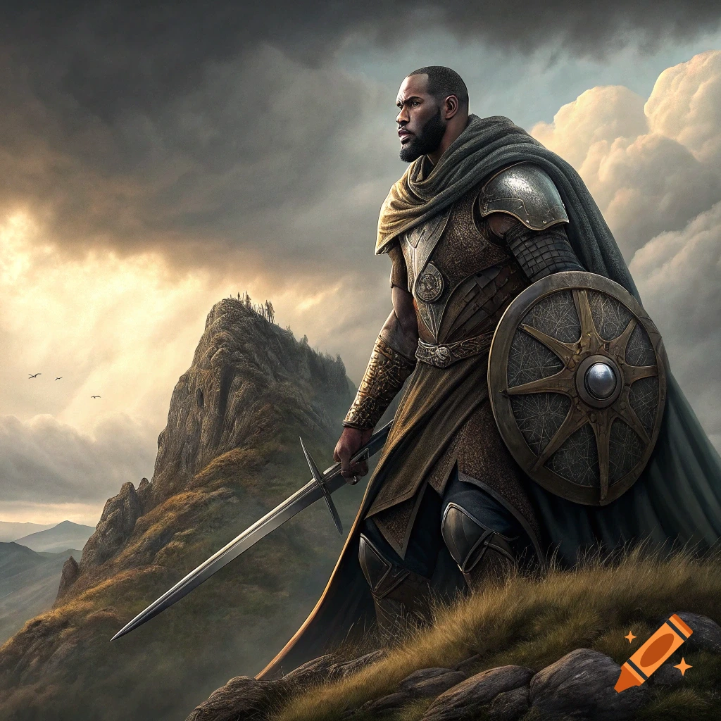 A fantasy warrior in armor holds a sword and shield on a rocky hill with mountains in the background under a cloudy sky.