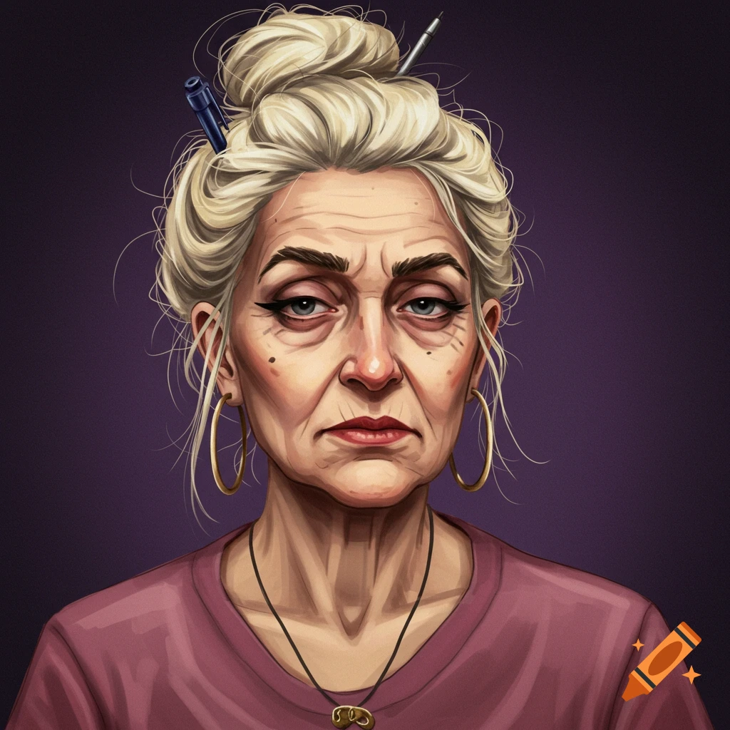 An older woman with blonde hair in a messy bun, heavy eyeliner, and a skeptical expression.
