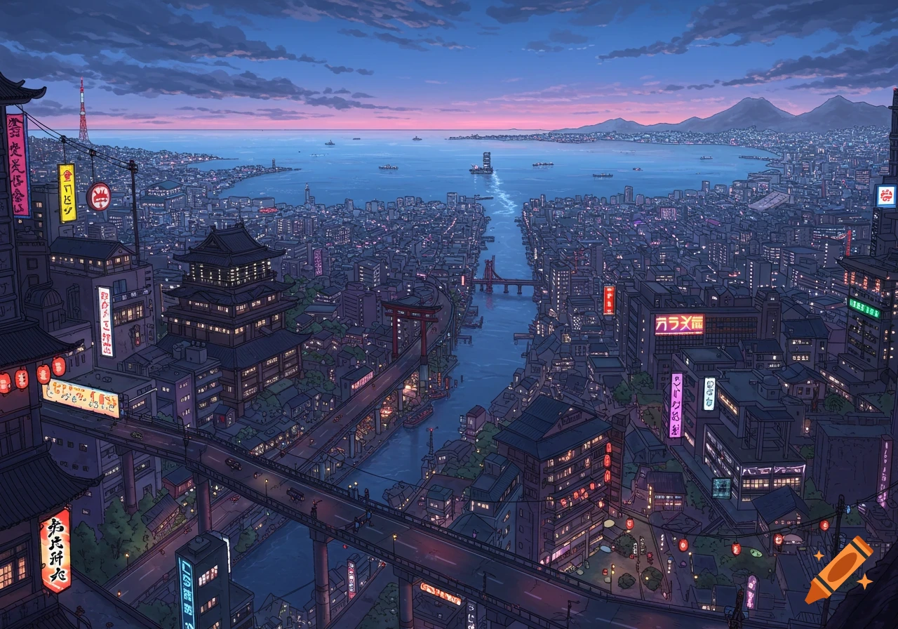 An elevated view of a sprawling Japanese city at dusk, with a river winding through buildings to the ocean under a purple sky, in an anime style.