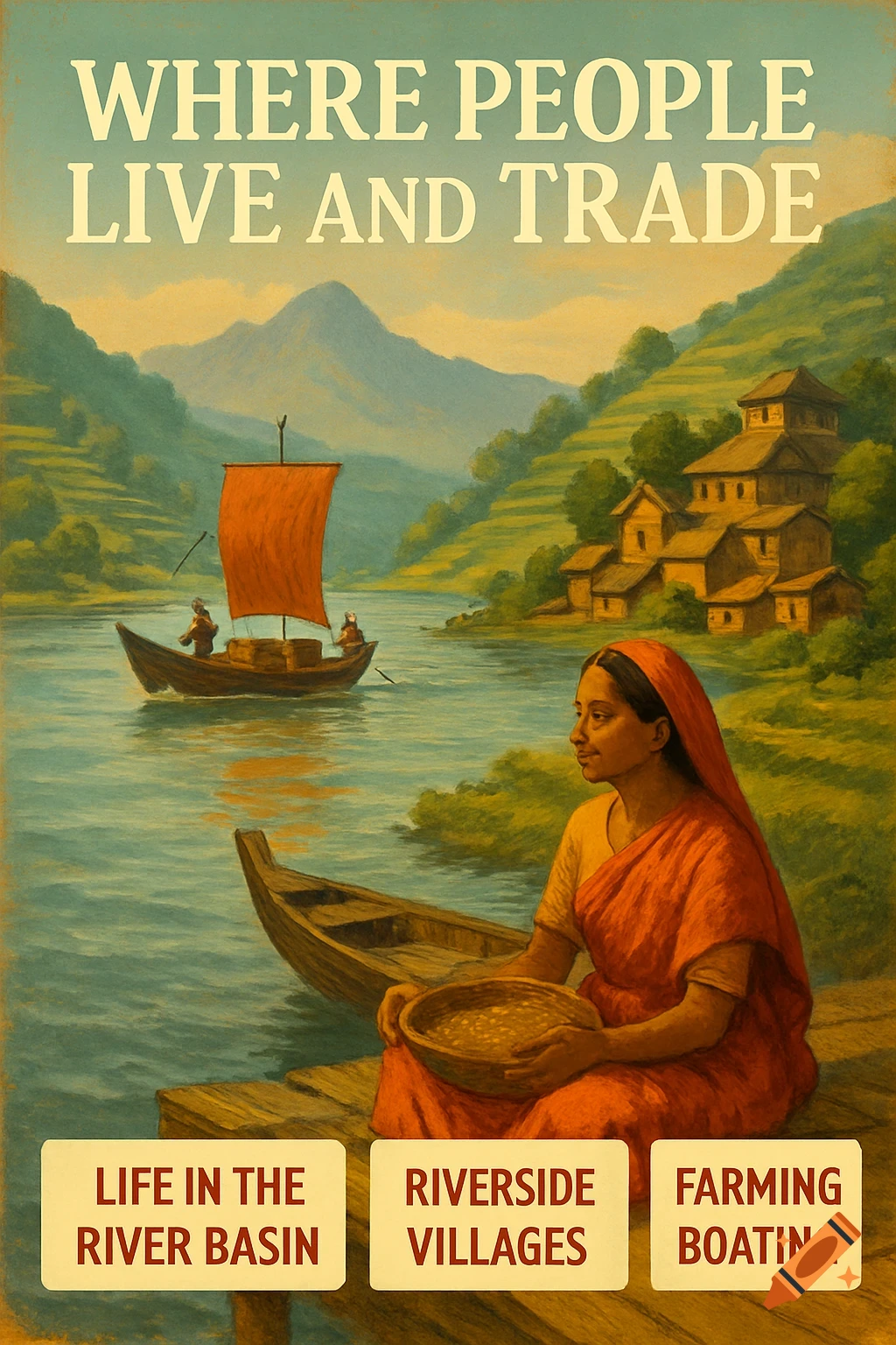 Vintage poster showing people, boats, and houses by a river with text.