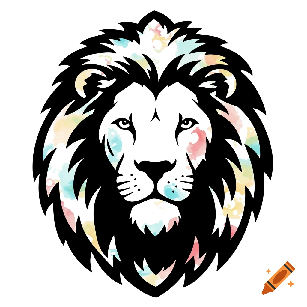 Stylized black outline of a lion's head with colorful watercolor splatters in the mane.