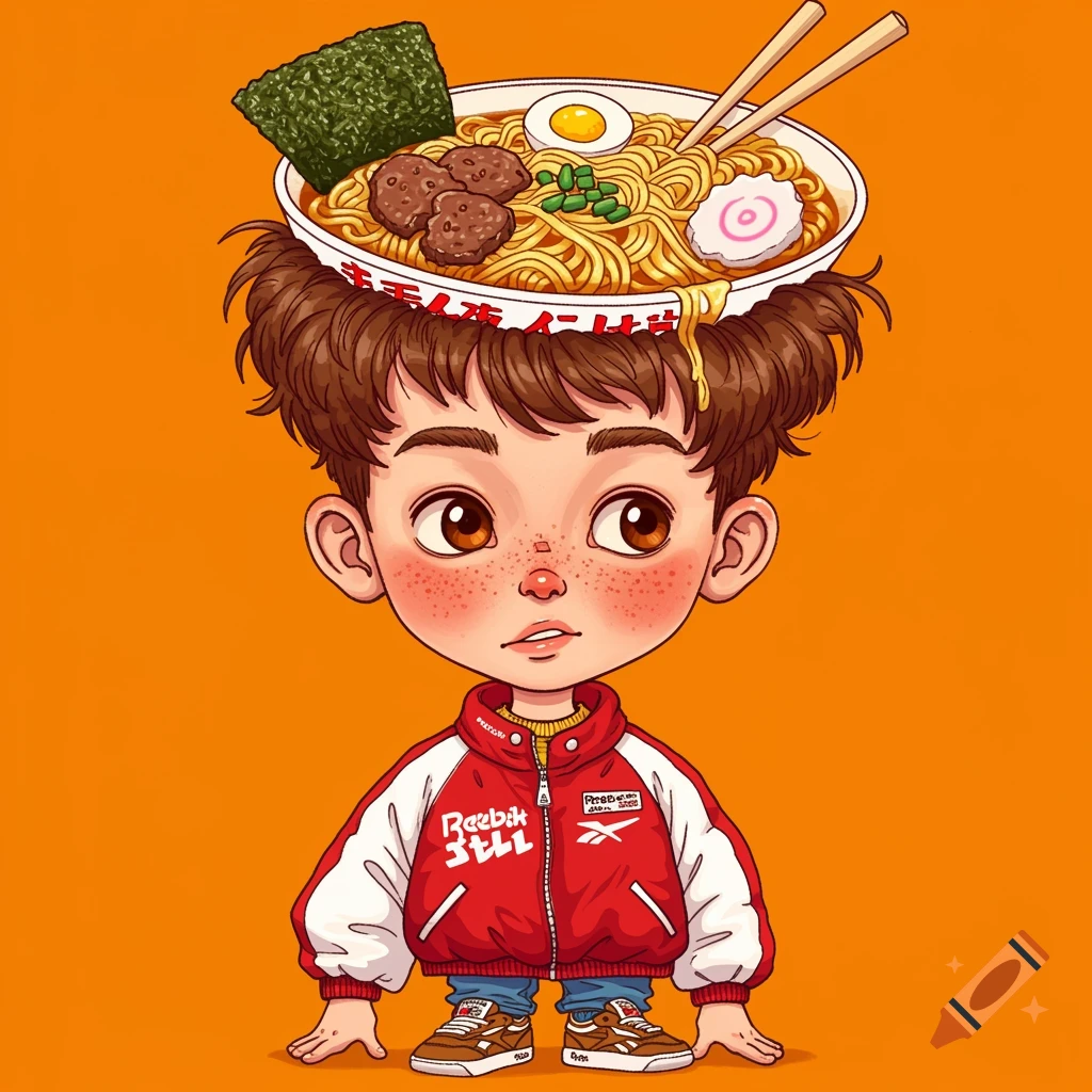Cartoon illustration of a boy with a bowl of ramen noodles as hair, wearing a red jacket, on an orange background.