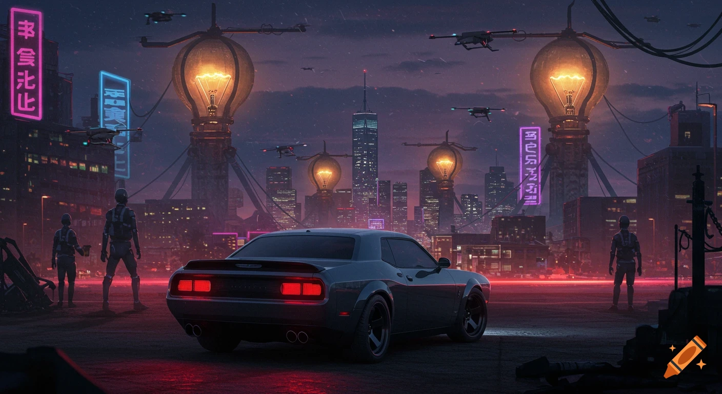 A dark muscle car in a dystopian cyberpunk city at night, with robots, drones, neon signs, and giant light bulb towers.