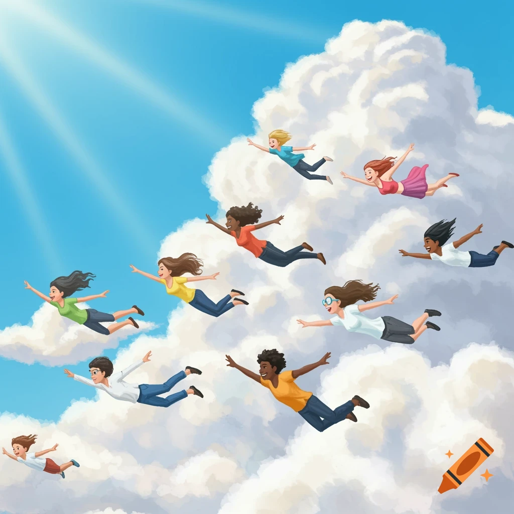 Diverse people flying joyously through a blue sky with clouds and sunbeams.
