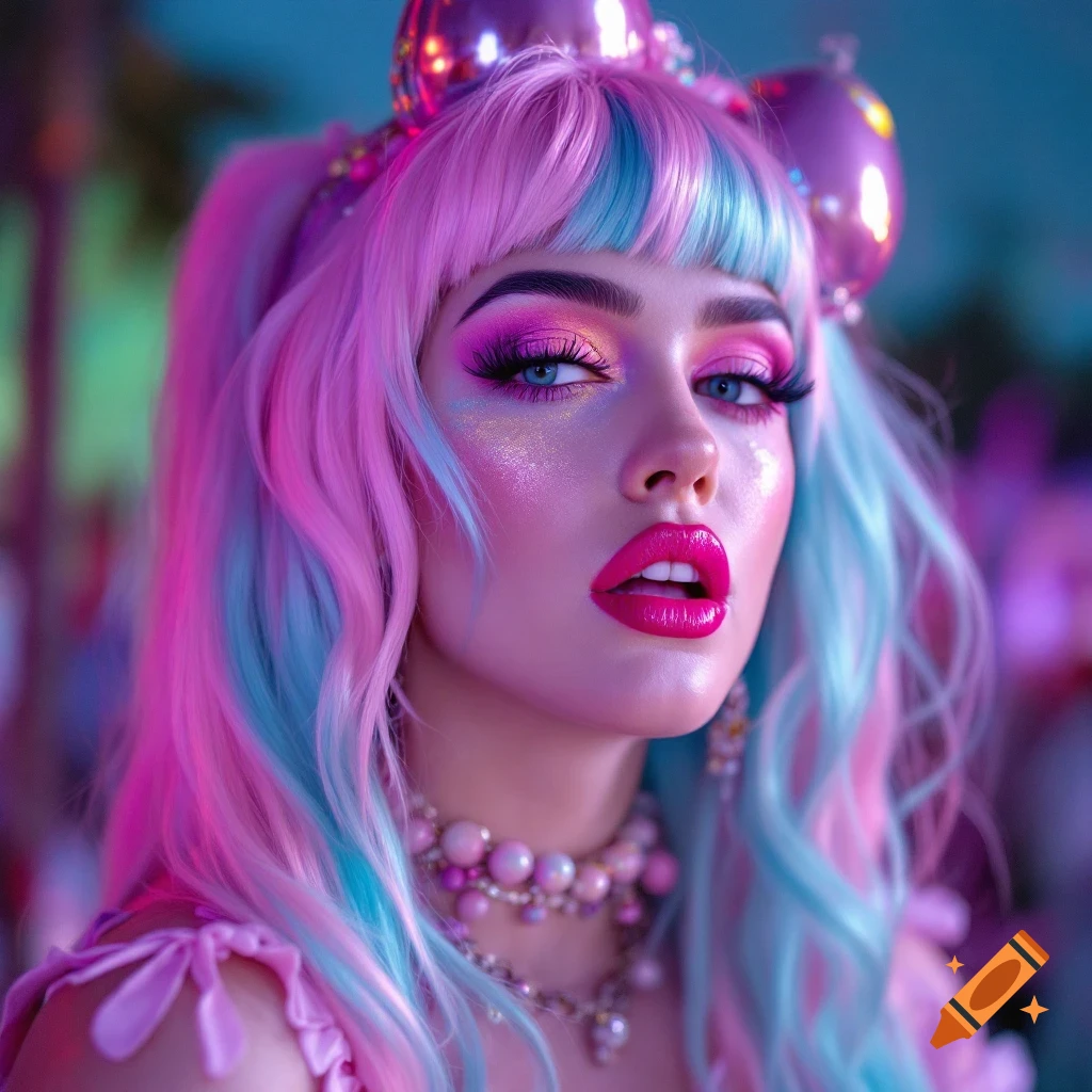 Close-up of a woman with bright pink and blue hair, heavy makeup, glossy headwear, and a pink outfit