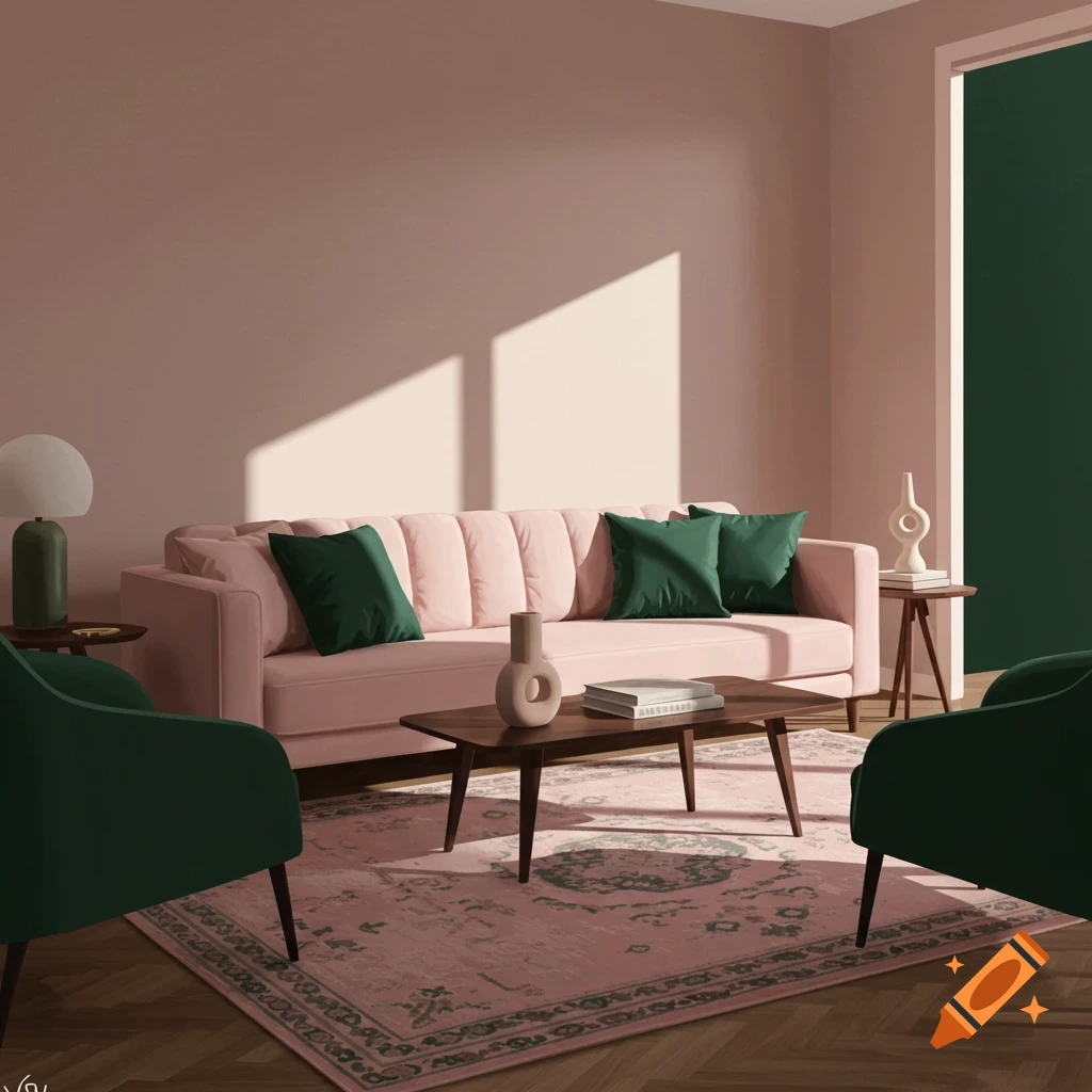A modern living room with pink walls, a pink sofa, green chairs, and a pink rug.