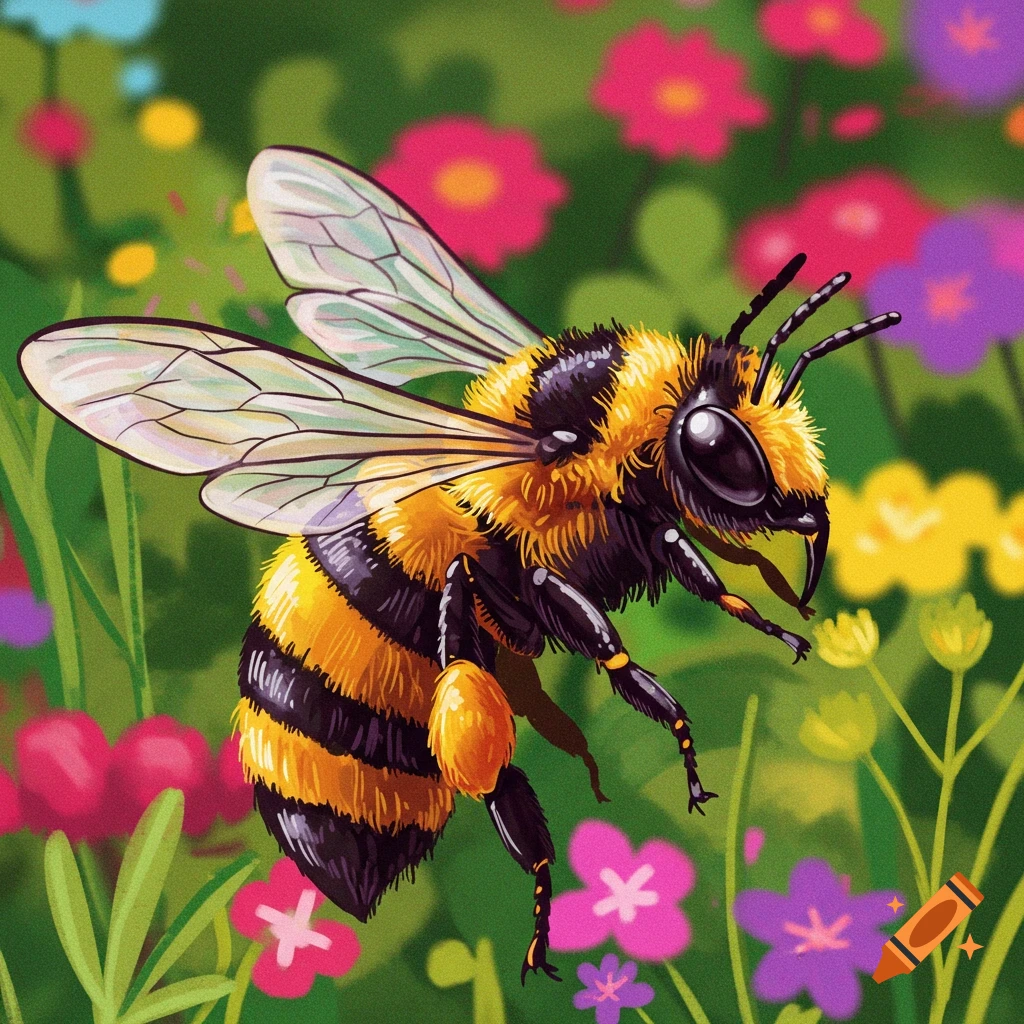 A detailed image of a fluffy bee in flight among colorful flowers and green leaves.