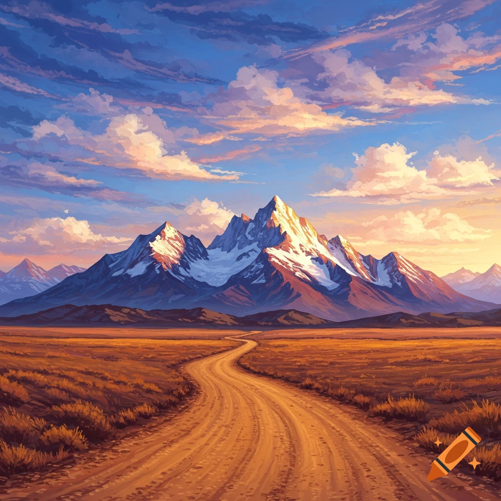 A dirt road leads towards snow-capped mountains under a dramatic sky with clouds.
