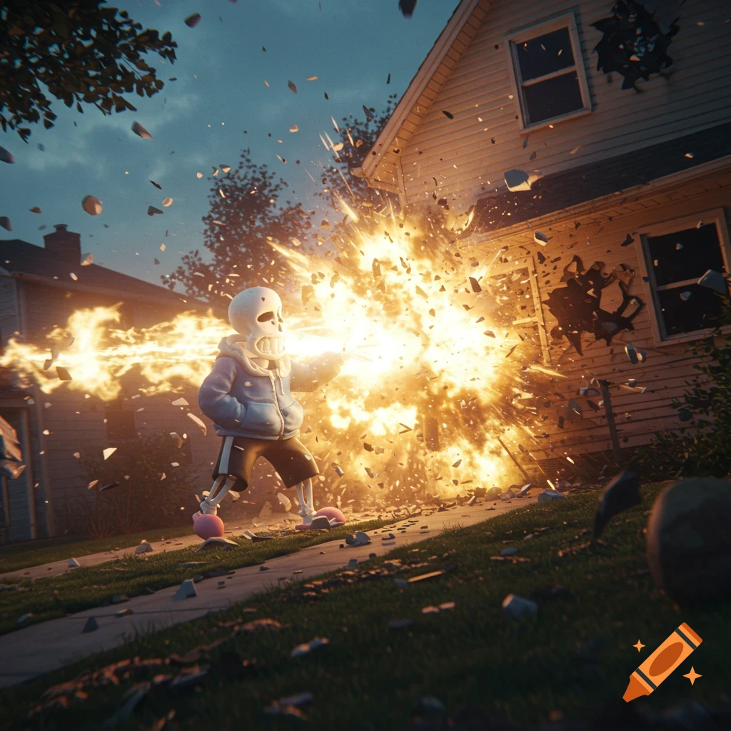 Sans the Skeleton blasts a house with energy, causing a large explosion and debris.