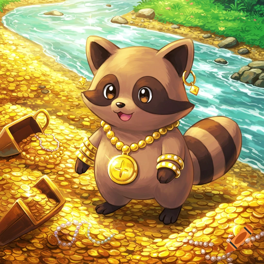 Cartoon raccoon wearing gold jewelry stands on gold coins by a river.