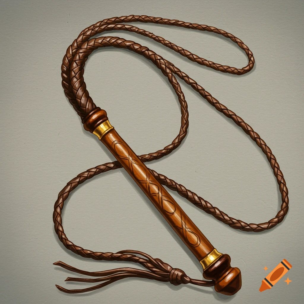 A coiled brown leather whip rests with a wooden handle.