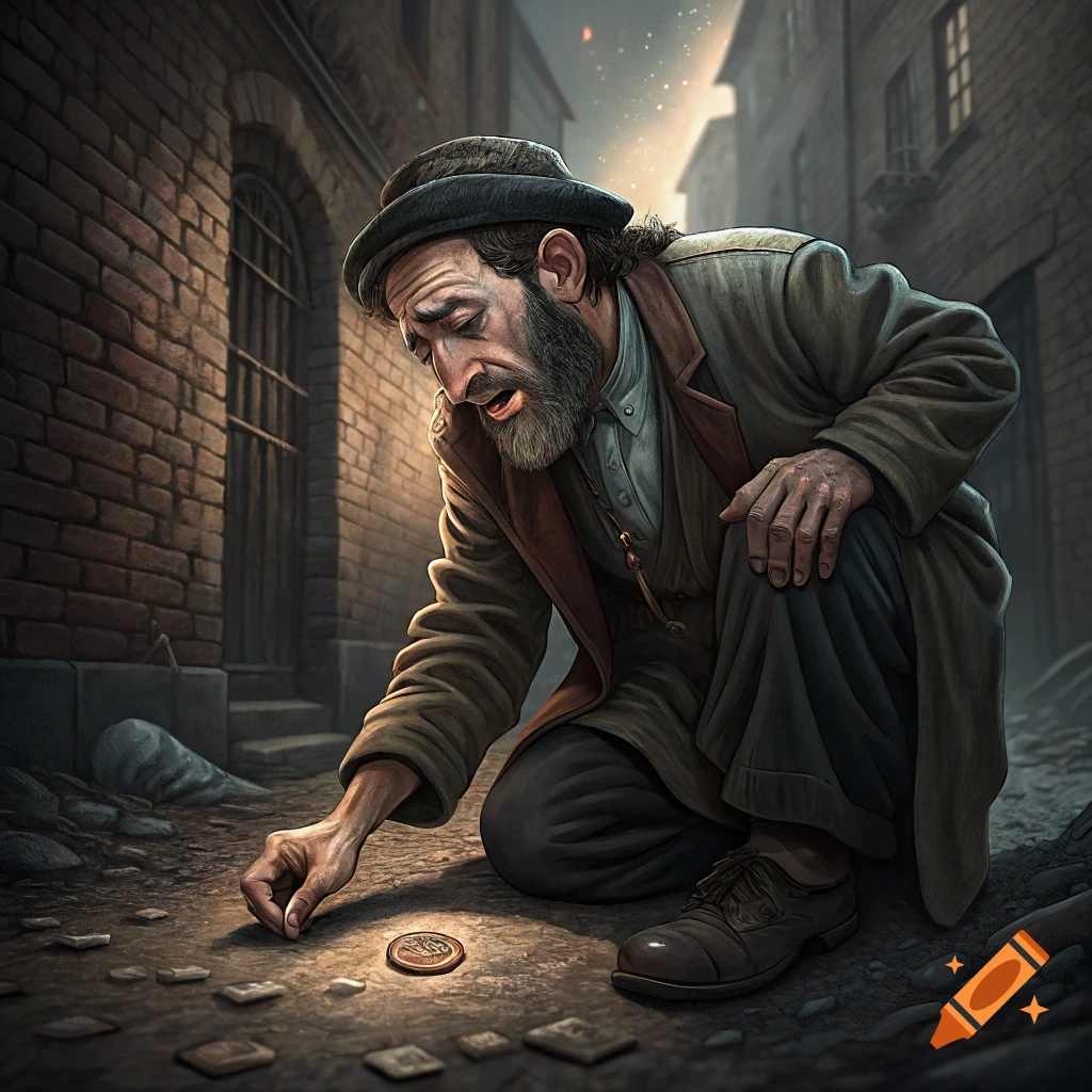 Illustration of a man kneeling on a cobblestone street, reaching for a coin and appearing distressed.