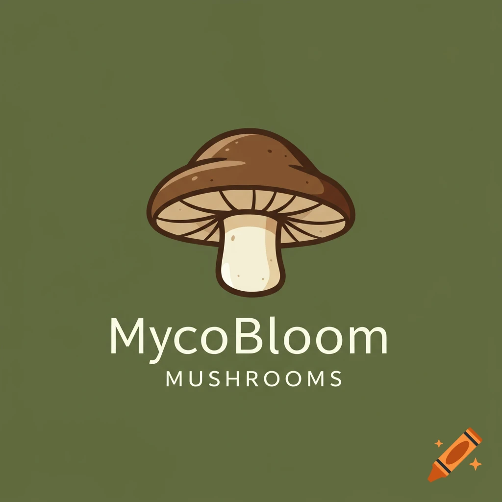 Logo with a stylized brown mushroom and the text 'MycoBloom MUSHROOMS' on a green background.