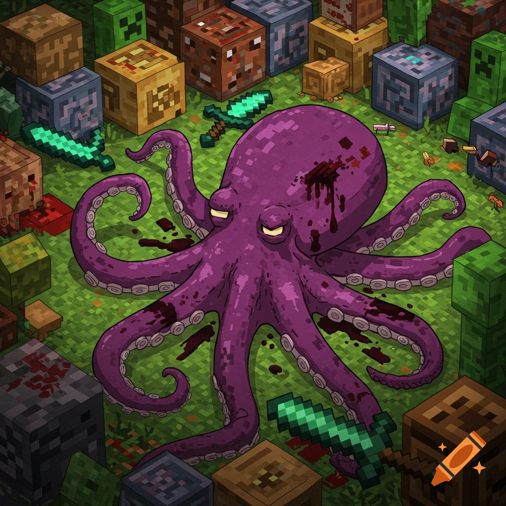 A purple octopus with bloodstains lying among Minecraft blocks and swords on grass.