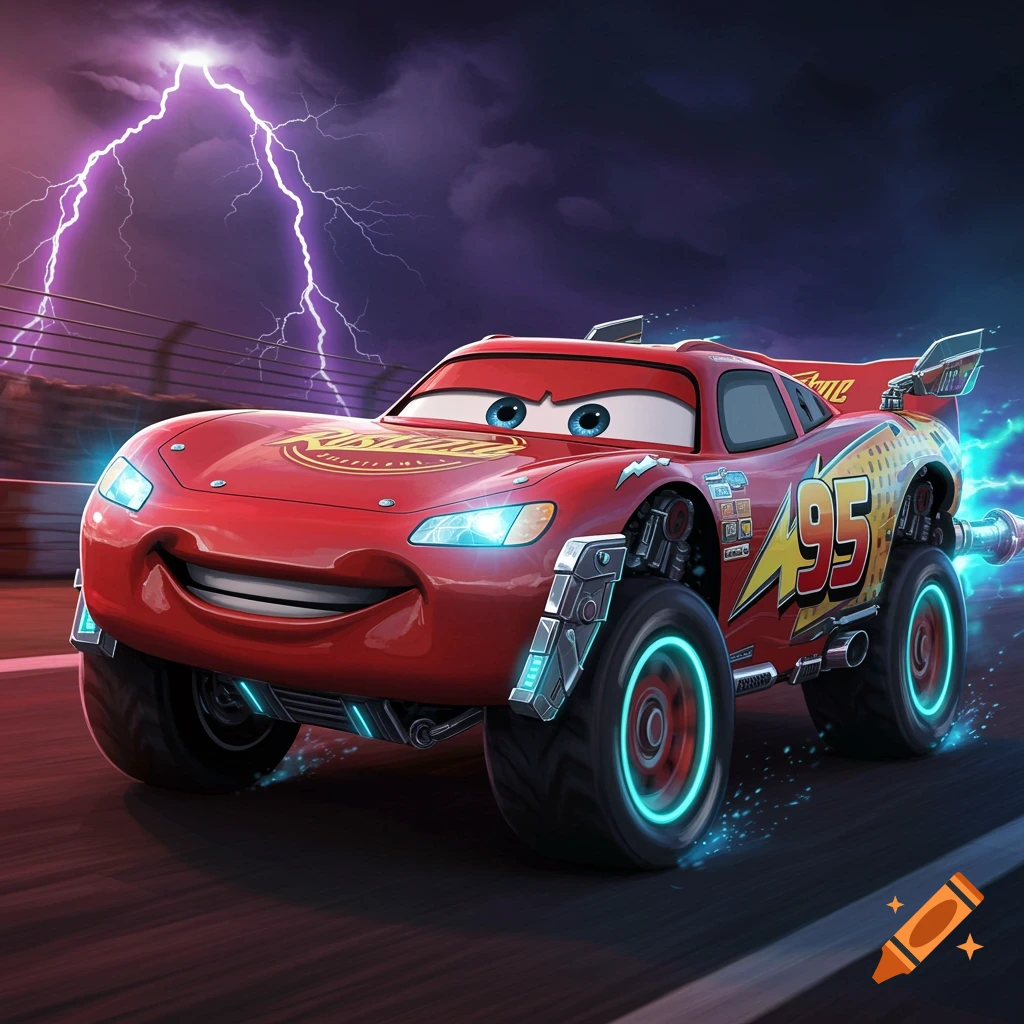 A futuristic robot Lightning McQueen races during a lightning storm.
