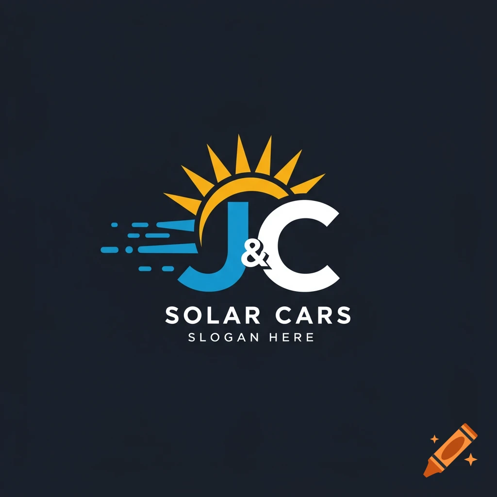 Logo for J&C Solar Cars featuring stylized J&C initials, a sun, speeding lines, and 'Solar Cars Slogan Here'.