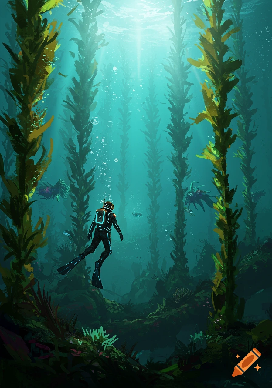 A diver swims through a dense kelp forest with sunbeams overhead.