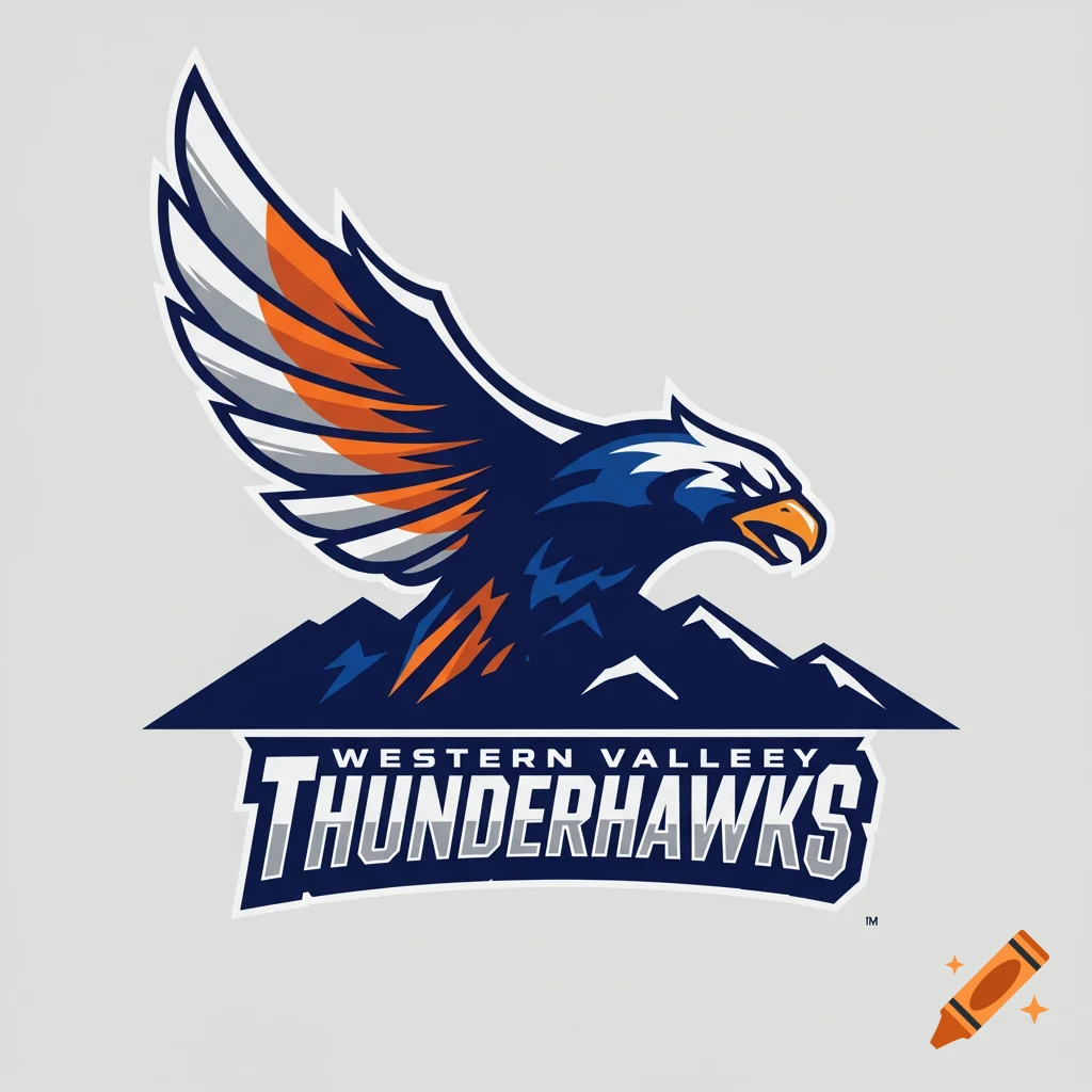 Blue and orange eagle sports logo over mountains with text 'WESTERN VALLEY THUNDERHAWKS'