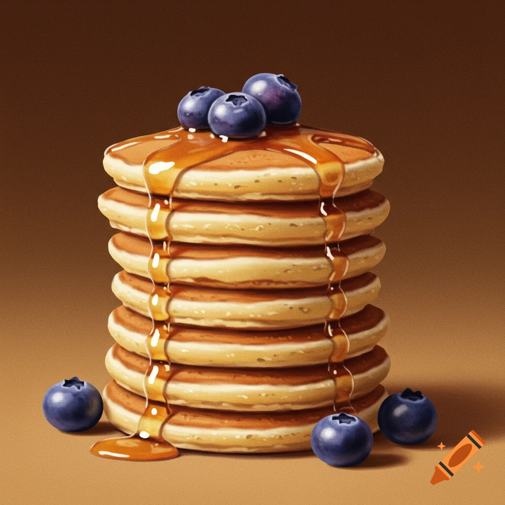 A stack of pancakes with syrup and blueberries
