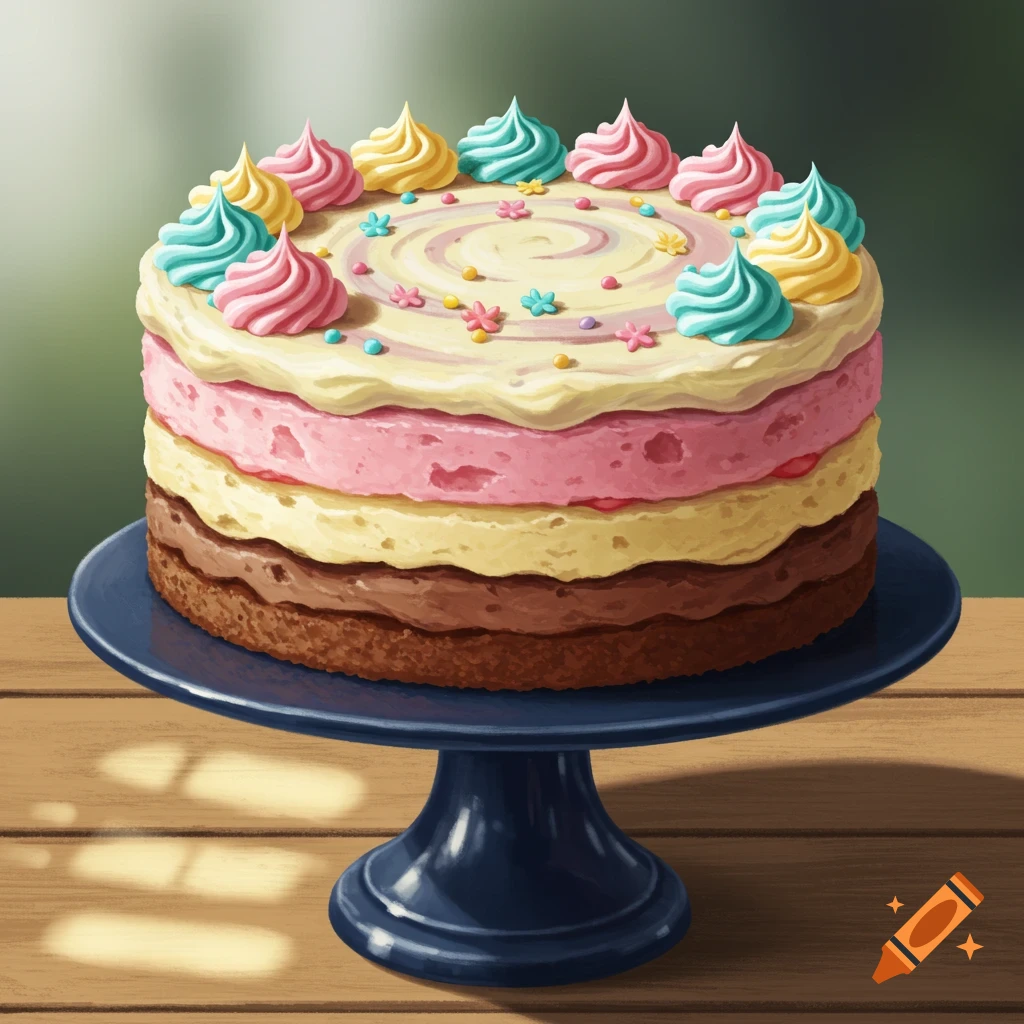 Colorful layered birthday cake with frosting swirls and sprinkles on a stand