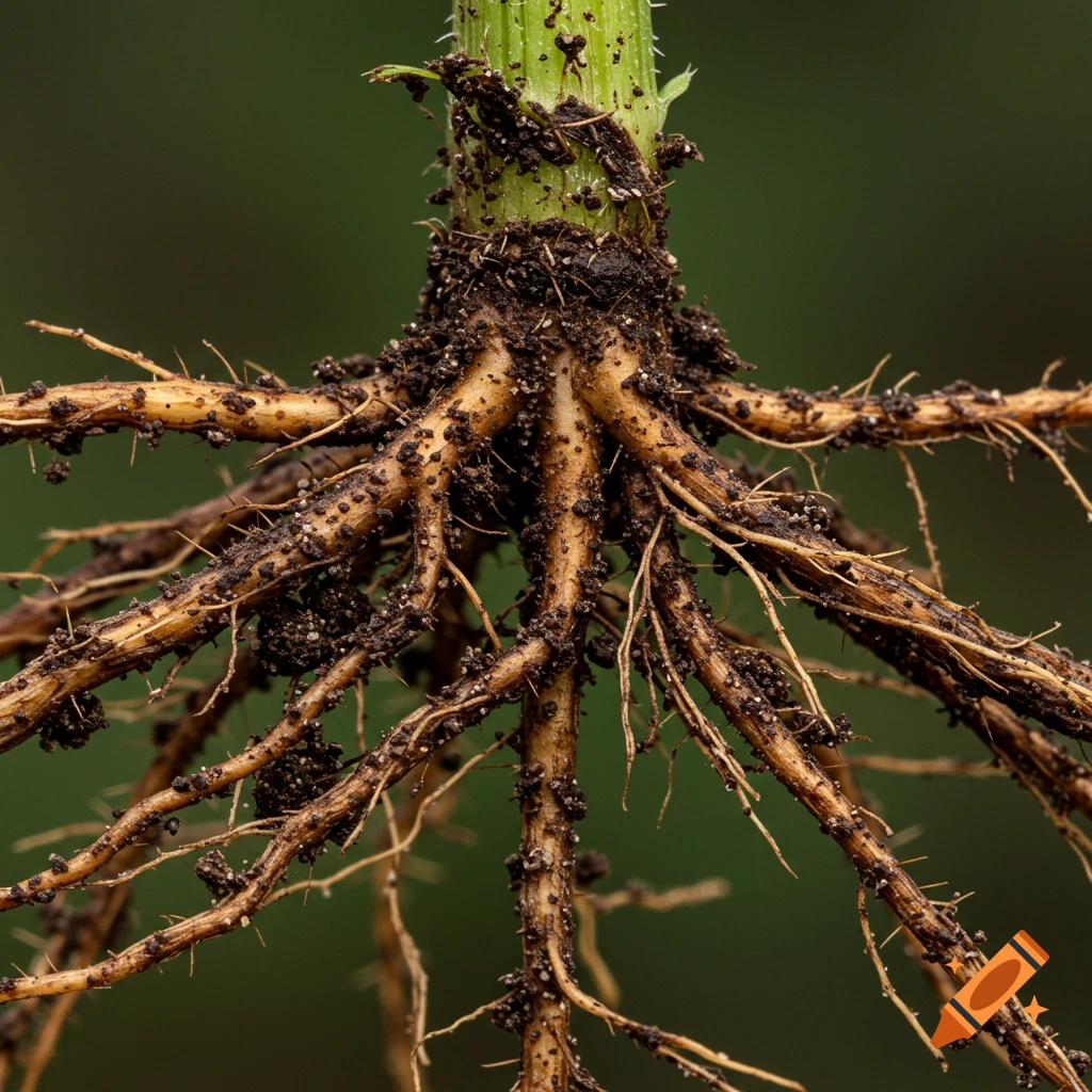 Close-up photo of plant roots covered in soil