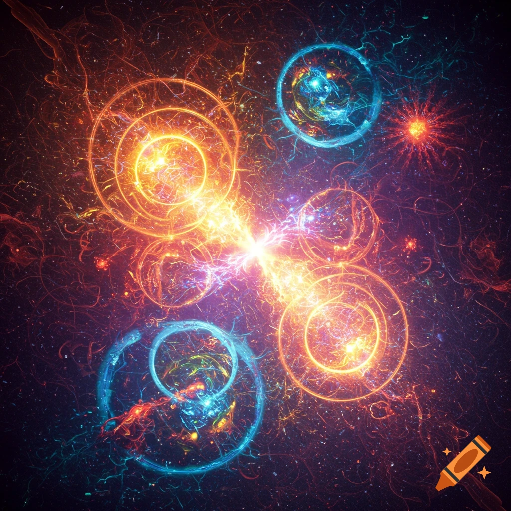 Abstract depiction of energy and particles in space with glowing rings and trails.