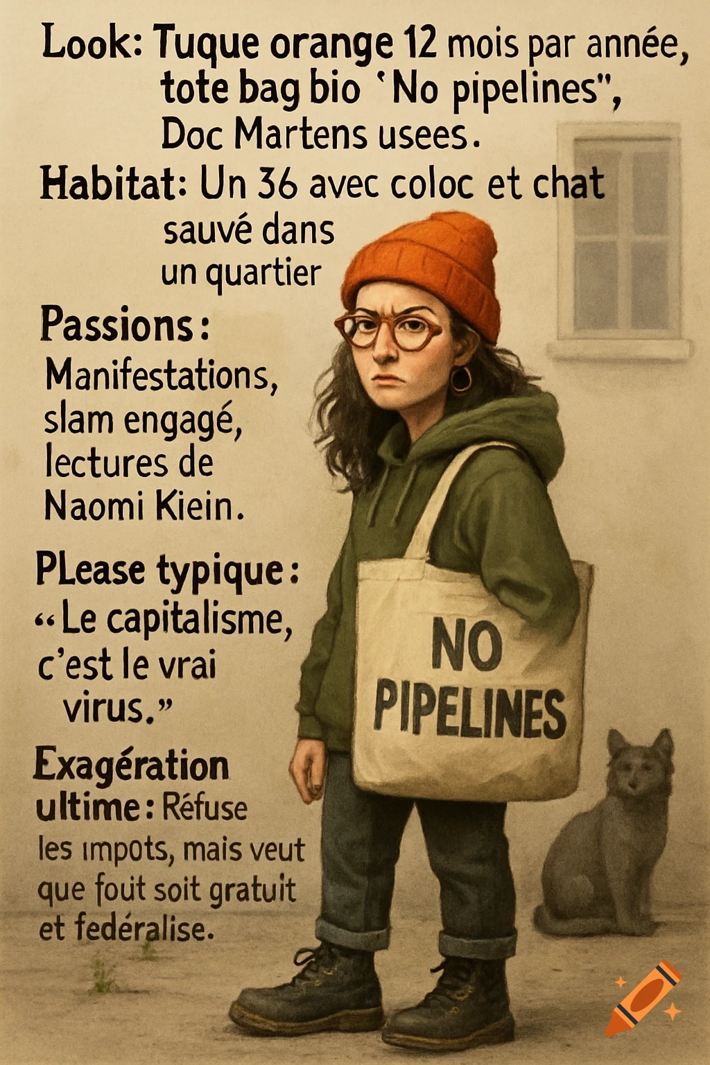 Illustration of a person with beanie, glasses, and 'No Pipelines' tote bag next to text and a cat.