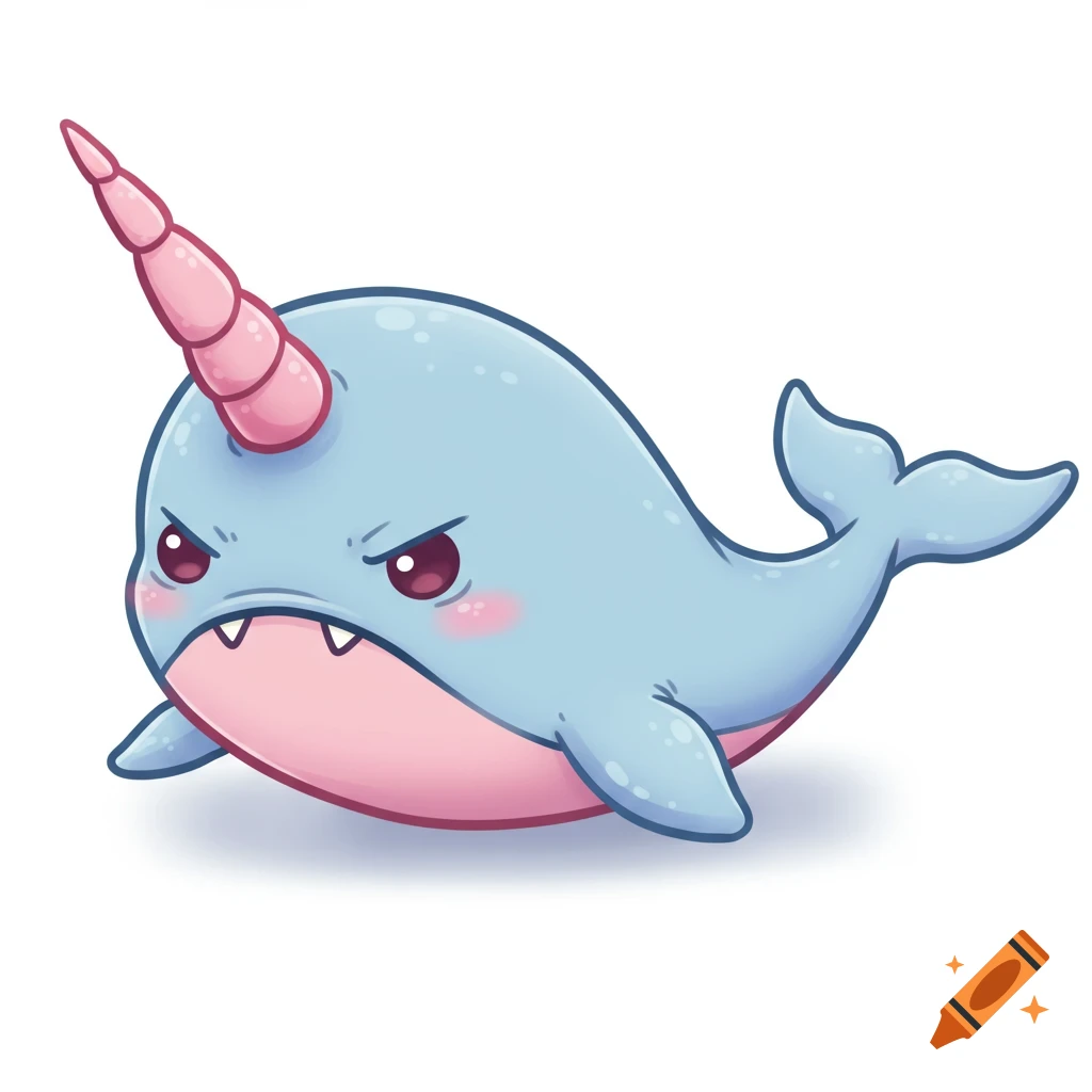 A cartoon illustration of an angry blue narwhal with a pink horn.
