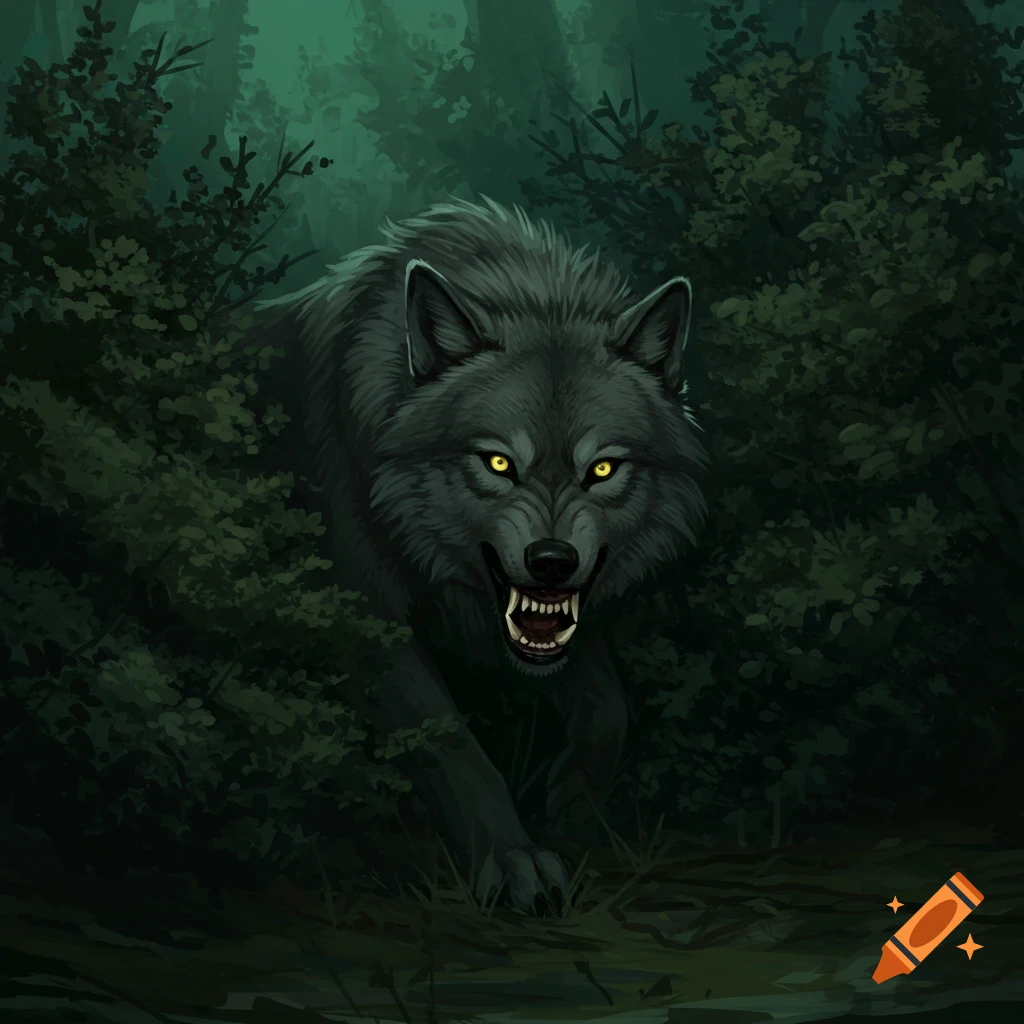 Scary grey wolf with yellow eyes and bared teeth emerging from dark forest bushes.
