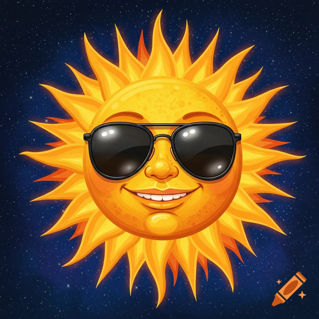 Smiling cartoon sun wearing sunglasses against a starry night sky.