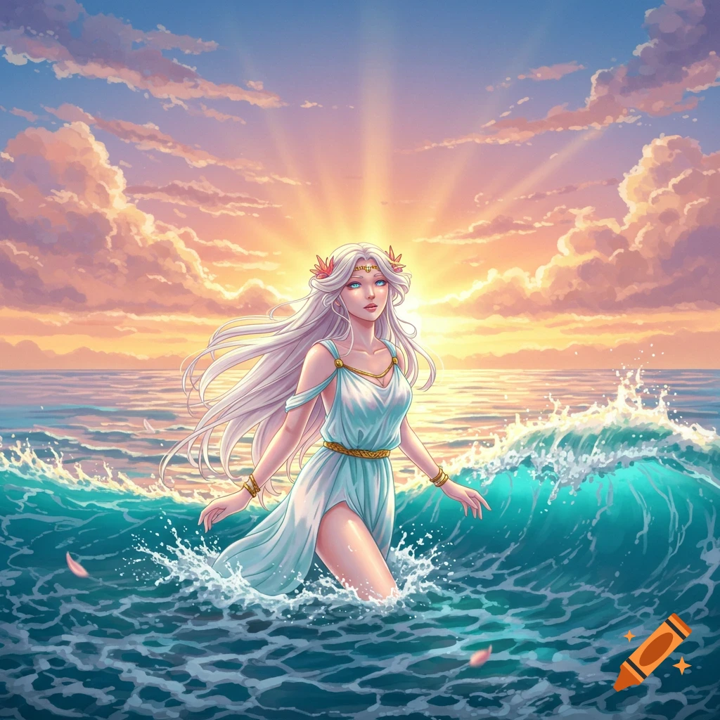 Anime style illustration of a woman rising from the sea at sunrise.
