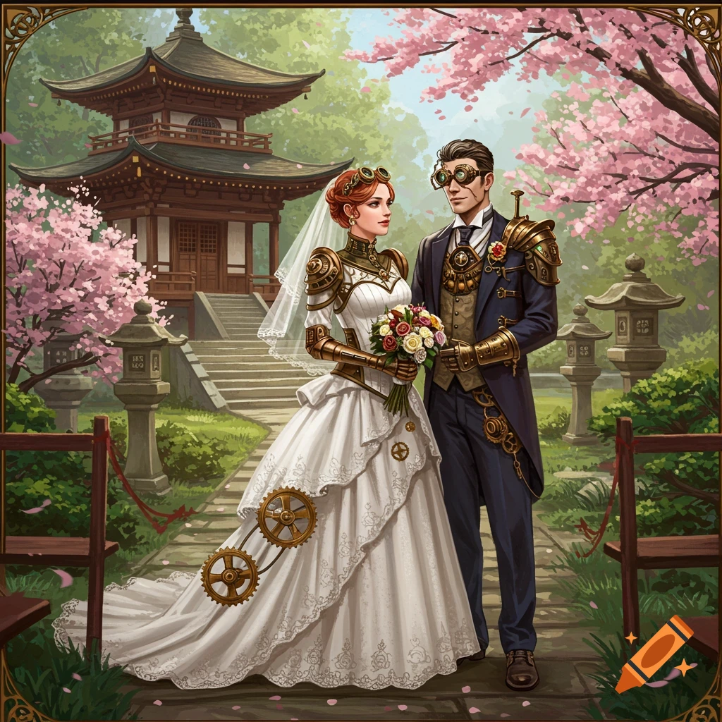 A steampunk couple getting married in a Japanese garden with cherry blossoms.