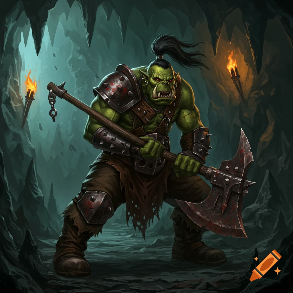 An orc warrior with a battle axe stands in a cave.