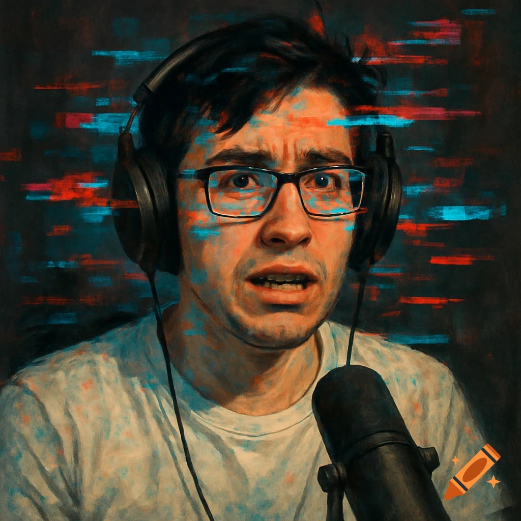A person is shown with headphones and a microphone, with glitch effects.