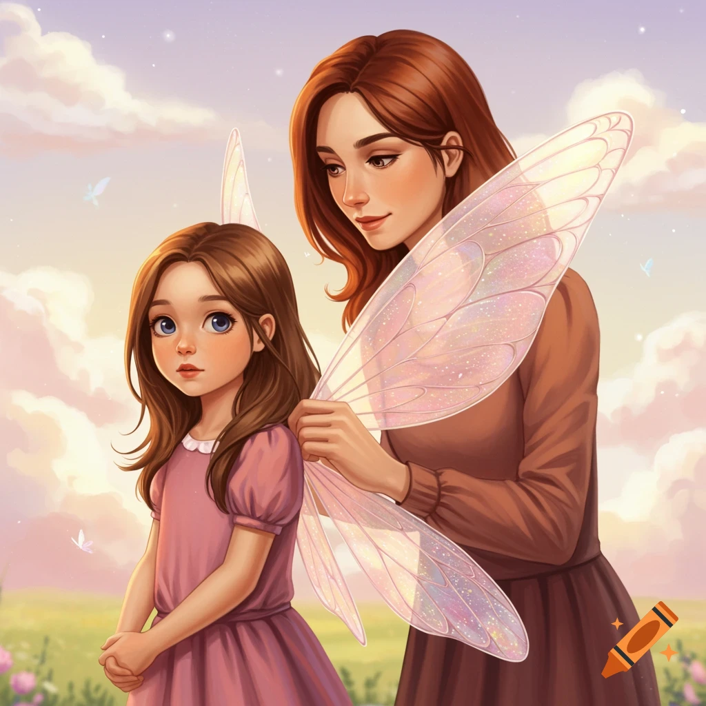 A mother putting iridescent fairy wings on her daughter in a field.