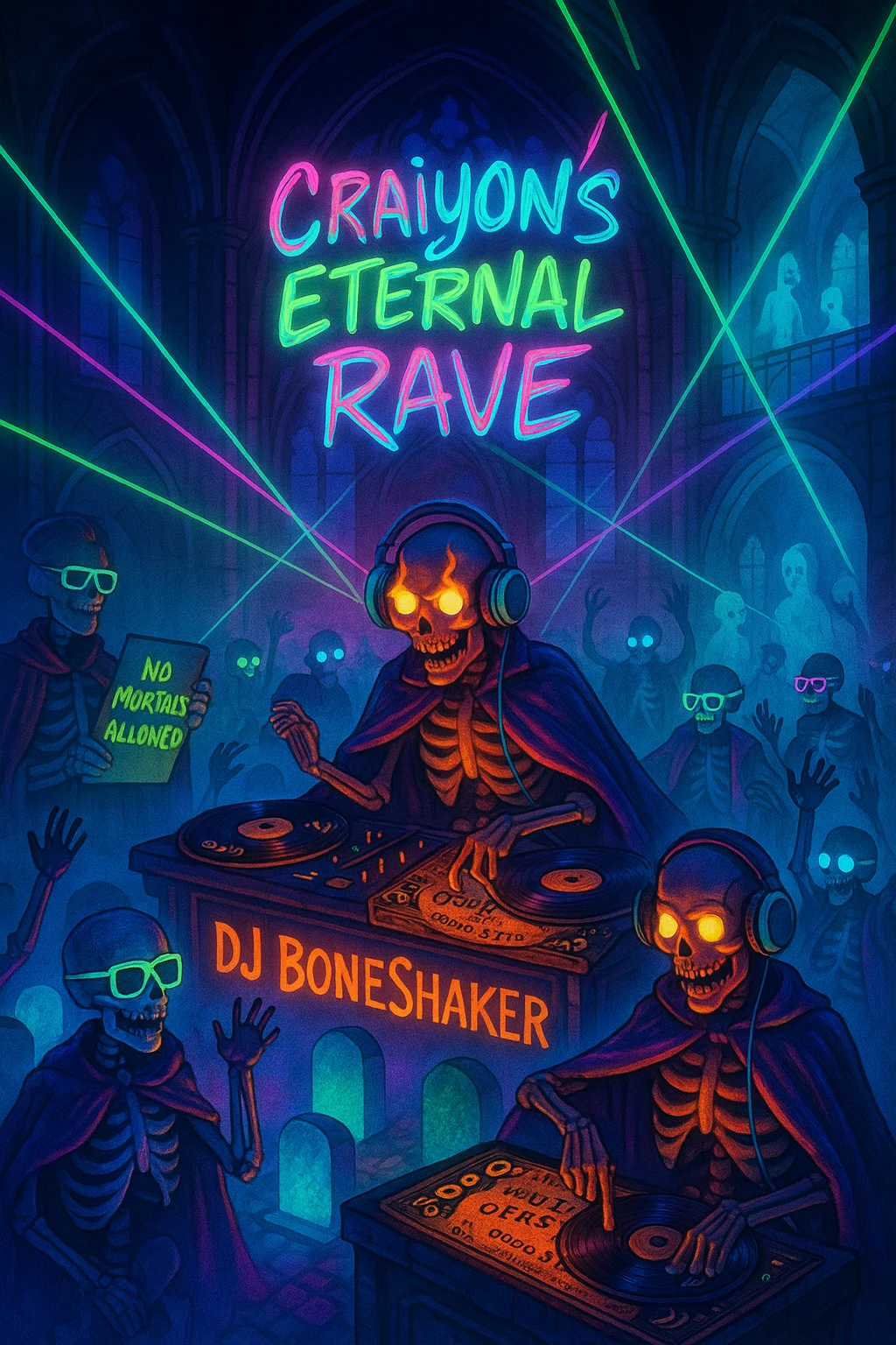 Neon rave in haunted cathedral with dancing skeletons and a DJ BoneShaker