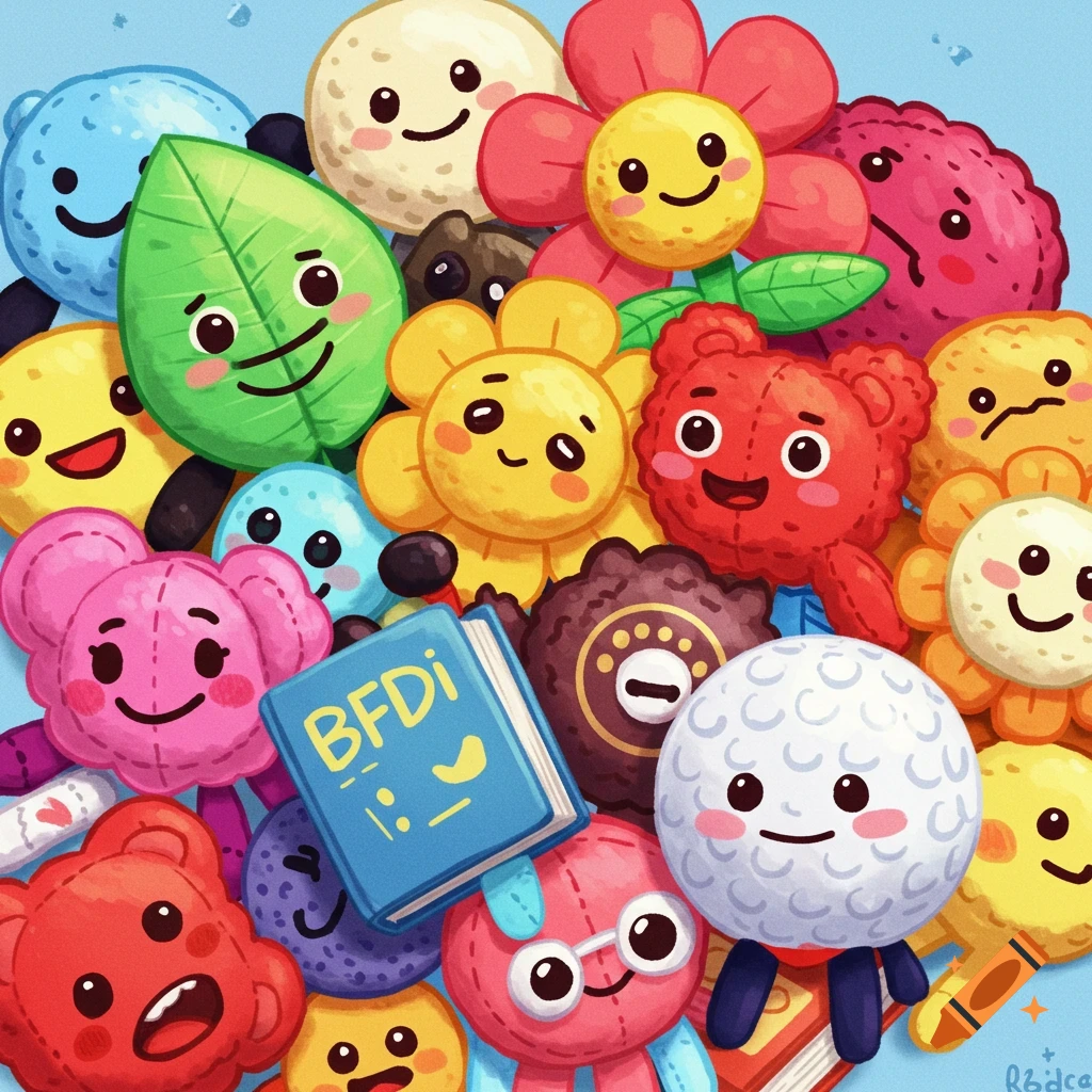 Many colorful, smiling BFDI plush toys are piled together
