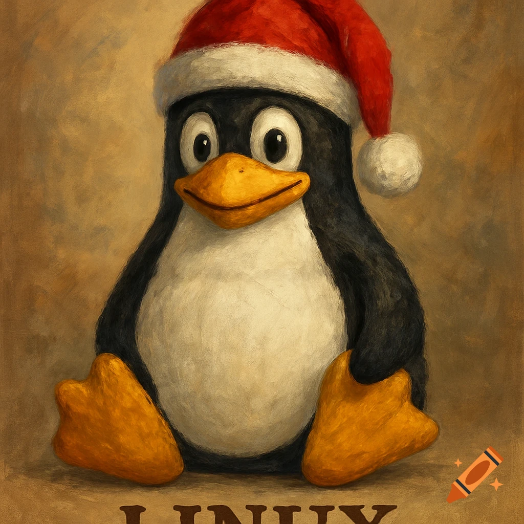 A penguin mascot wearing a Santa hat, with the word "LINUX" below.