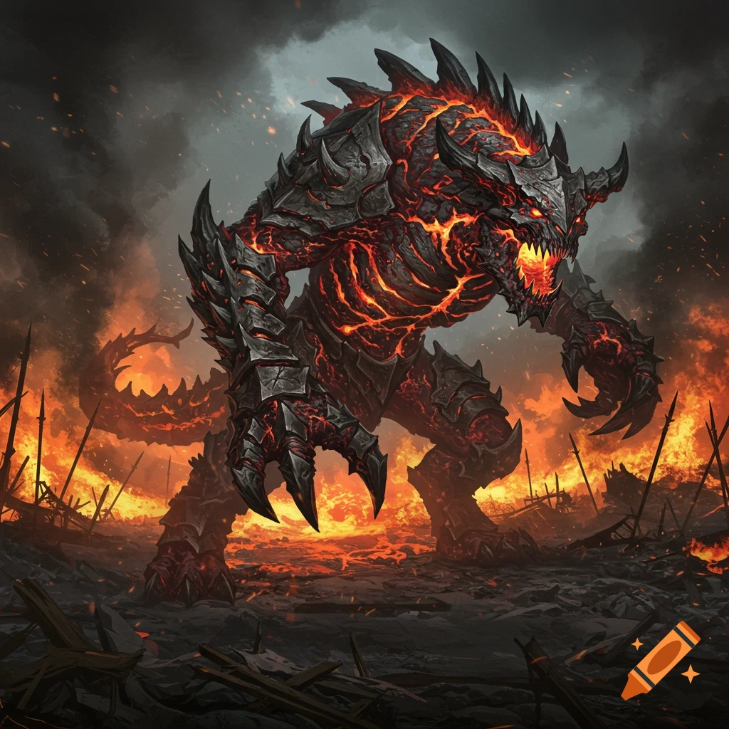 Huge lava beast with bone armor on a burning battlefield.