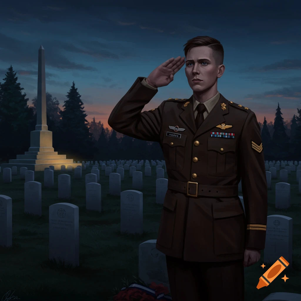 A soldier salutes in a cemetery at dusk.