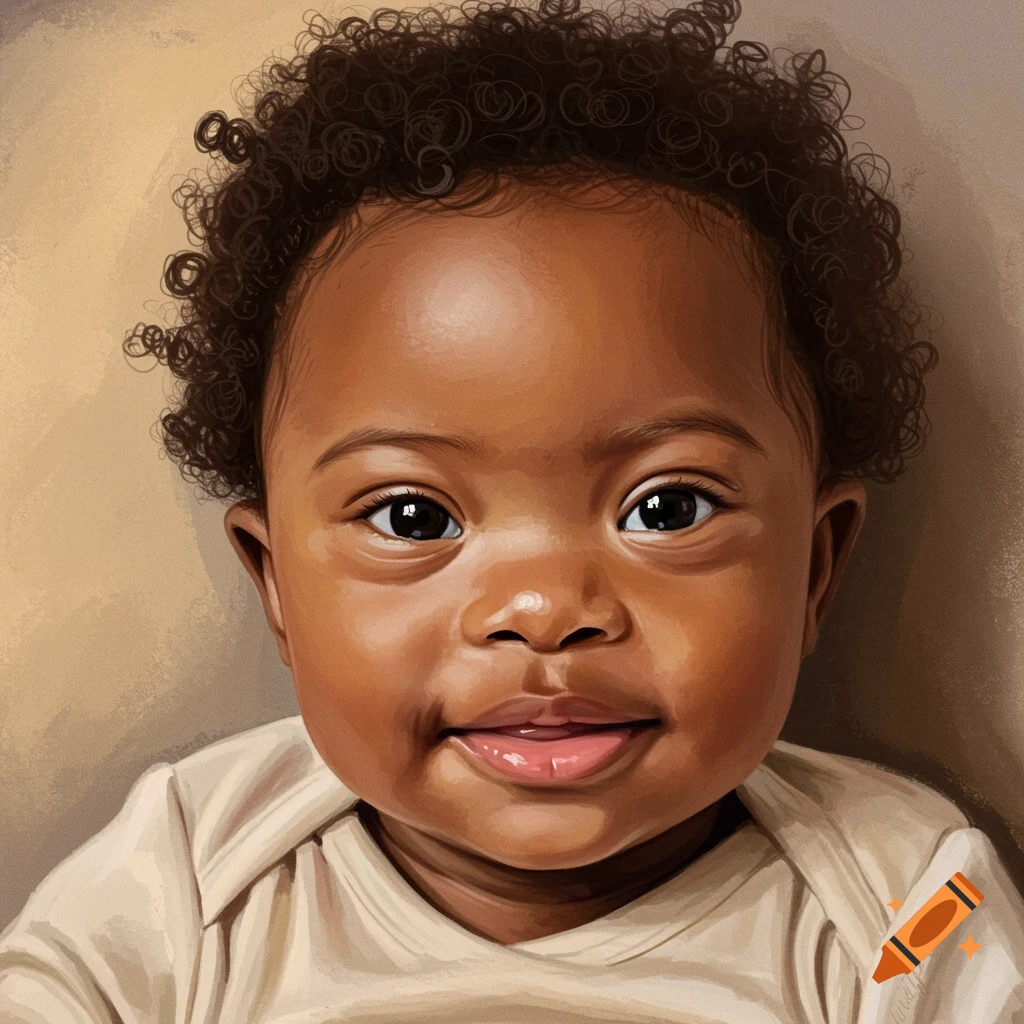 Close-up image of a smiling baby with curly hair wearing a cream onesie.