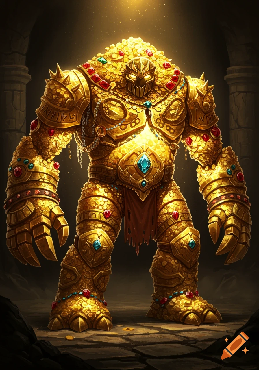A giant golem creature made of gold coins and jewels stands in a dark ruin.
