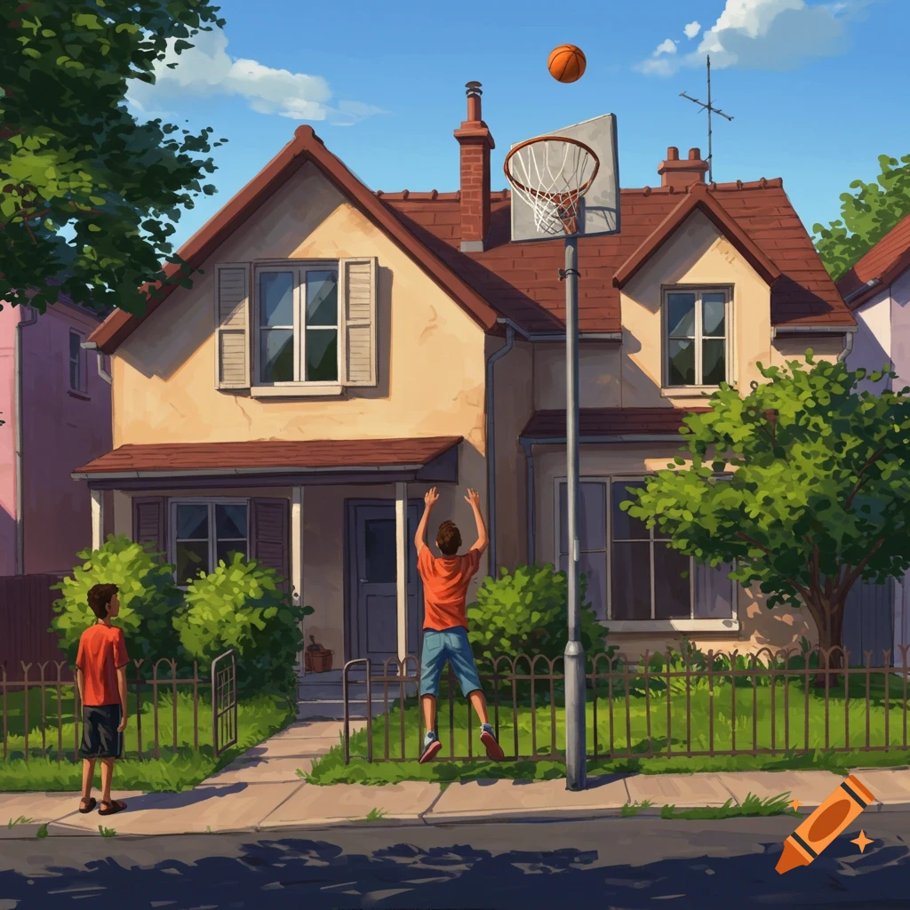 Two boys playing basketball in front of a house.