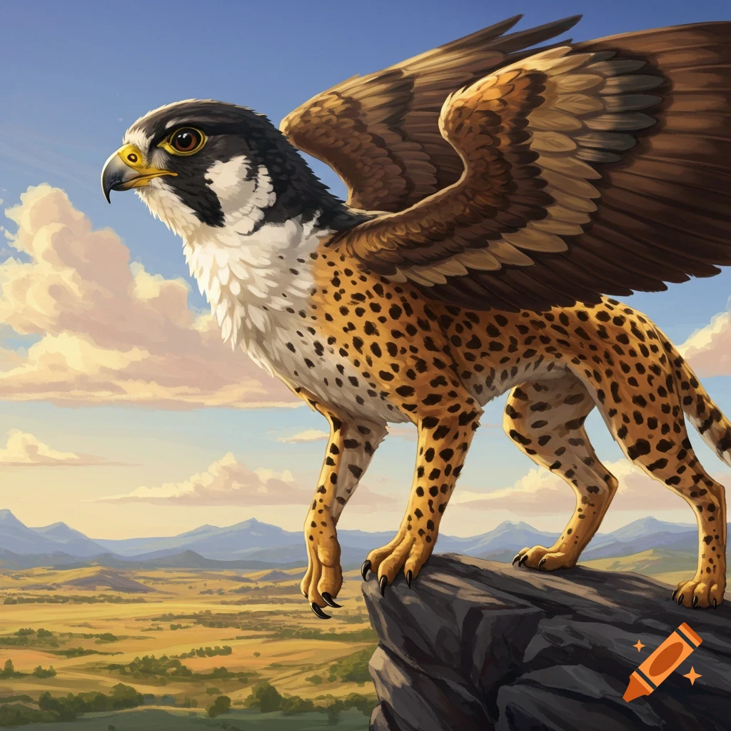 A gryphon with a falcon head and cheetah body stands on a cliff overlooking a valley.